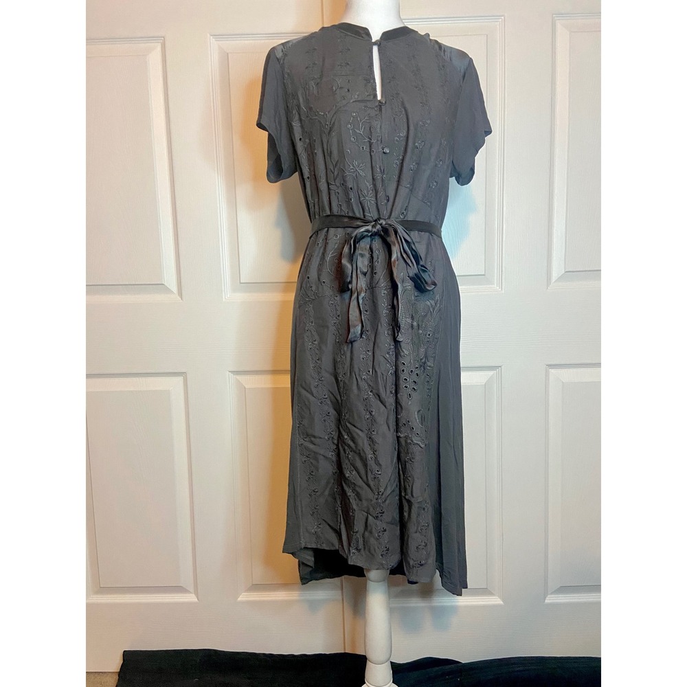 Anthropologie Tiny Grey Embroidered Eyelet Midi Dress Satin Trim High Low Small